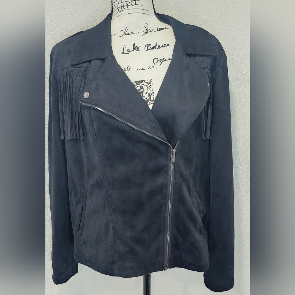 G By Giuliana Lux Black Faux Suede Soft Fringe Motorcycle Zipper Jacket XL NEW